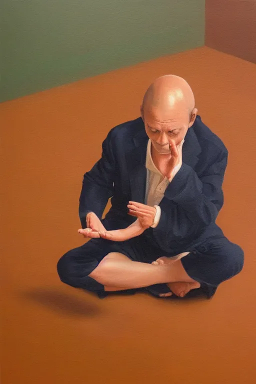Prompt: a stunning ultra realistic fine art painting of the world's greatest lawyer meditating on the floor, trout sticking out of pants, studio portrait, vibrant colors, by Leng Jun's, 4K