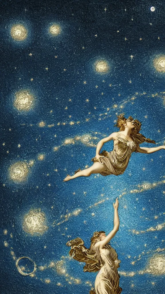 Image similar to sky in a starry night with glowing meteor showers, ascension of a woman decomposing and dissolving into moon, dark - blue black gold beige saturated, ornate baroque rococo art nouveau intricate detail, 3 d specular lighting, cinematic, blur