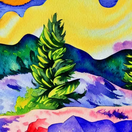 Image similar to fauvism artstation watercolor landscape, mountain with pine trees.