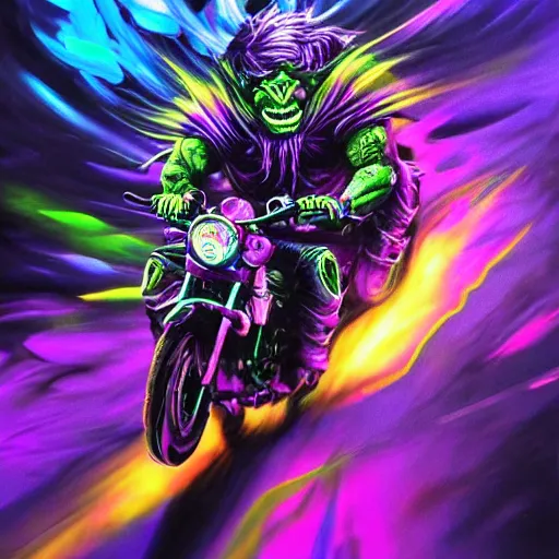 Image similar to psychedelic blacklight airbrush artwork, hyper stylized action shot of a menacing orc riding a motorcycle, hyper detailed ultra sharp, colorful soft airbrushed artwork, black background, digital painting, smooth, sharp focus, cgsociety, artstation