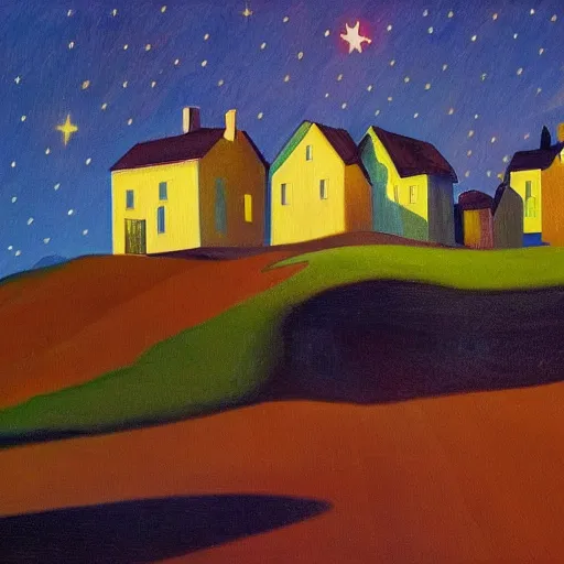 Image similar to a painting of a small village with crooked wooden houses designed by Tim Burton, the village is on a hill, the sky is dark with stars shining through, in the style of Edward Hopper, 4K,