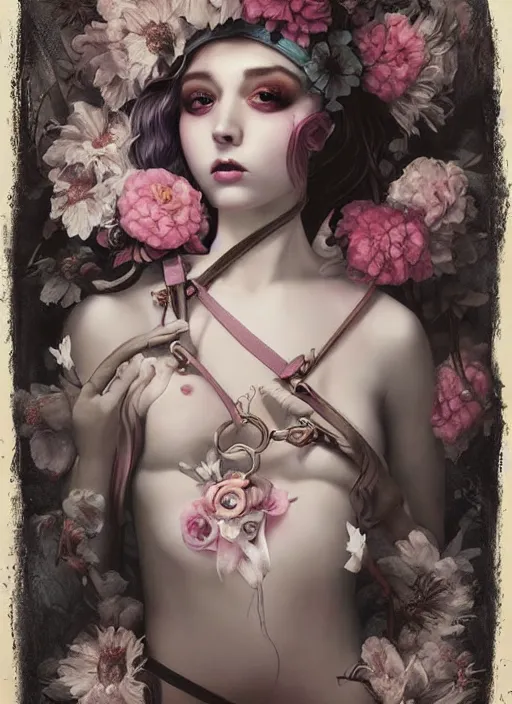 Image similar to pop surrealism, lowbrow art, realistic cute girl painting, body harness, japanese shibari with flowers, hyper realism, muted colours, rococo, natalie shau, tom bagshaw, trevor brown style,