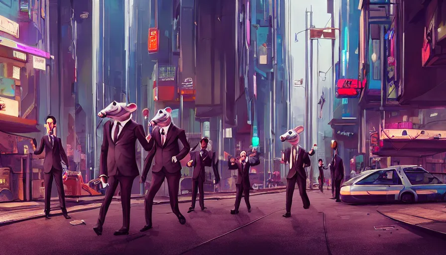 Image similar to anthropomorphic rats in suits in cyberpunk city, digital art, artstation, photorealistic rendering, concept art