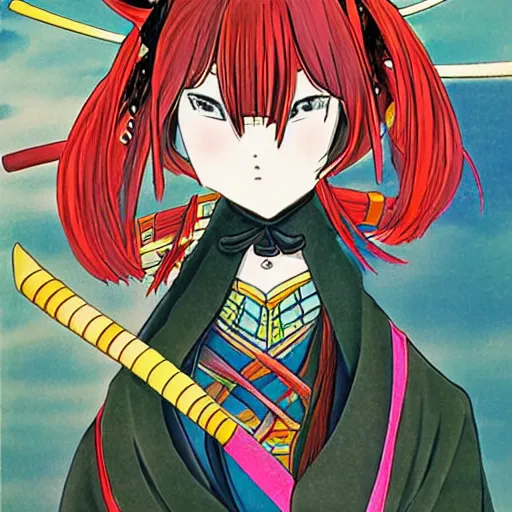Image similar to anime samurai girl by takehito inoue, colorful