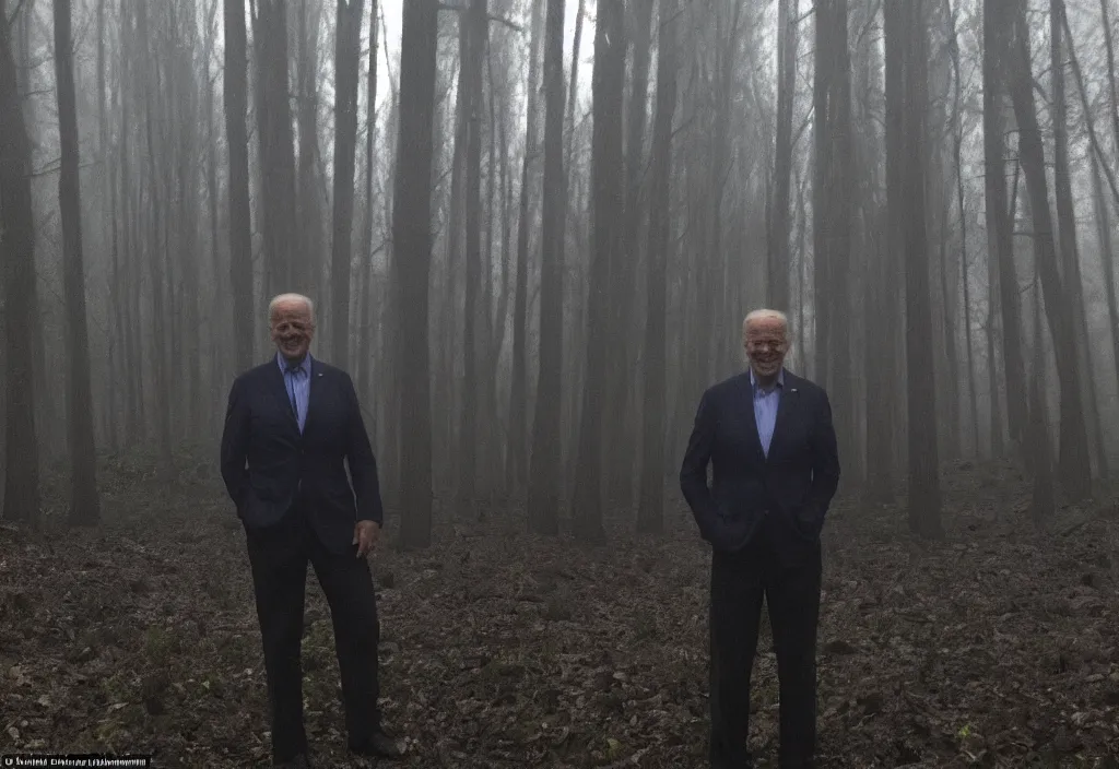 Prompt: low quality iphone photo of joe biden standing ominously deep in the foggy woods with a demonic smile in his face and his hands behind his back, low visibility creepy, grainy, trail cam footage