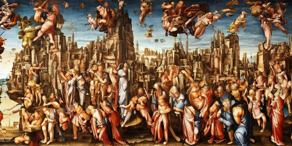 Image similar to highly detailed renaissance painting of an alien city skyline