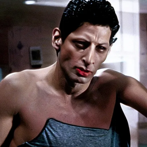 Prompt: young, muscular jeff goldblum as bruce wayne peeling back batman mask, wearing batman t shirt, film still