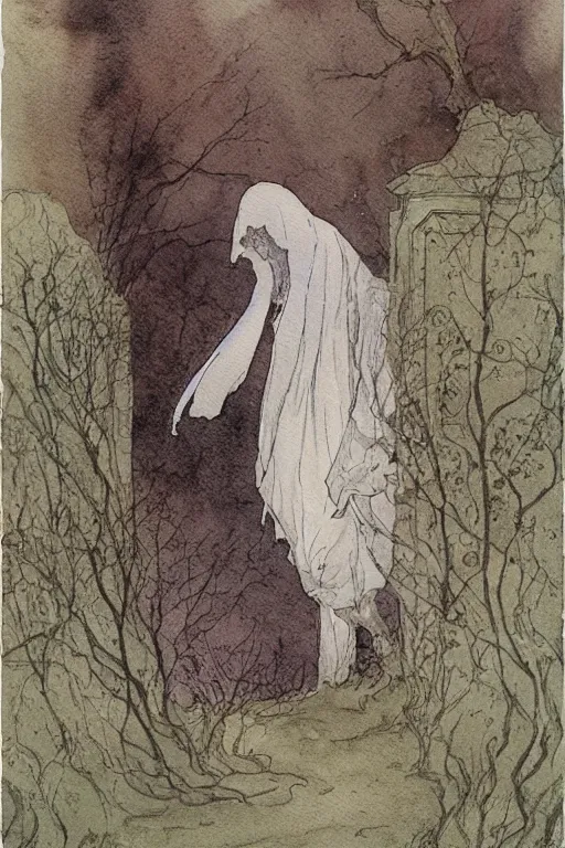 Image similar to a simple and atmospheric watercolour portrait of a ghost in a graveyard on halloween night, very muted colors, by rebecca guay, michael kaluta, charles vess and jean moebius giraud