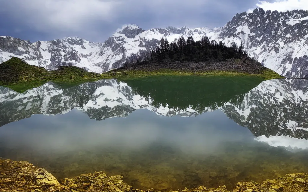 Image similar to the alps and reflection in a lake in the style of georgia o keefe