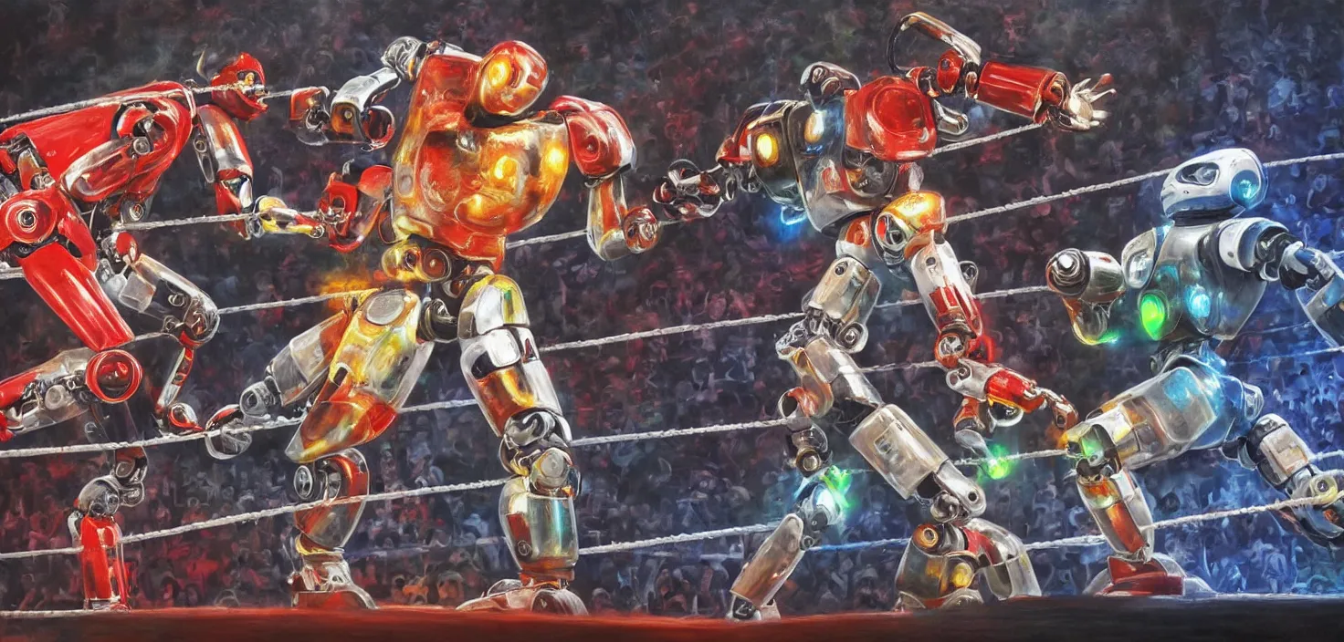 Image similar to Photorealistic painting of two robots in a wwe match