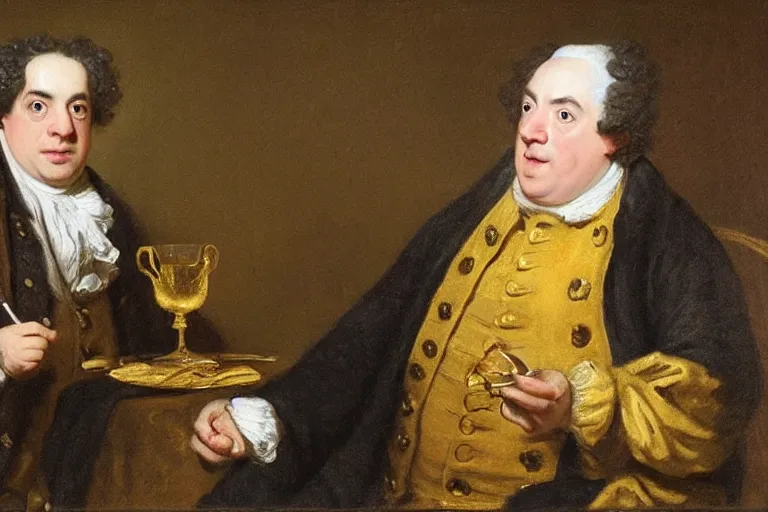 Prompt: Samuel Johnson sipping a tiny gold cup, meme, Sir Joshua Reynolds, 1775 oil painting, trending, /r/funny