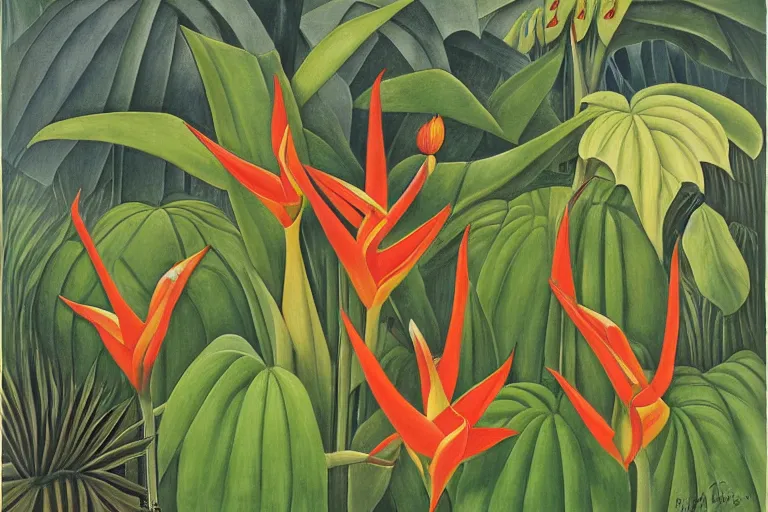 Image similar to heliconia in a graden, art by Henri Rousseau