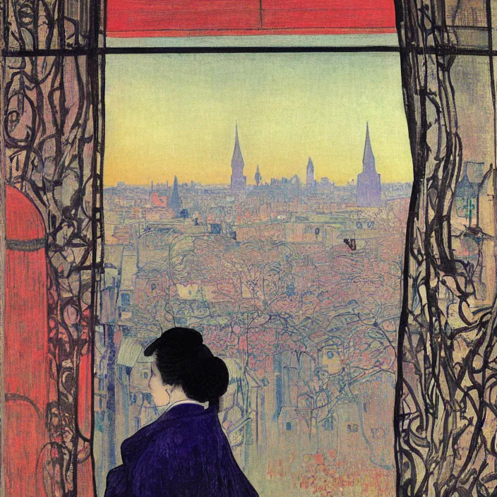 Image similar to portrait of sad woman in kimono and persian cat with city with gothic cathedral seen from a window frame with curtains. cloudy sunset. mikalojus konstantinas ciurlionis, henri de toulouse - lautrec, paul delvaux, utamaro, matisse, monet