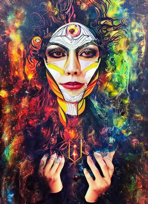 Image similar to collage of gorgeous magic cult psychic woman smiling, third eye, energetic consciousness psychedelic, epic surrealism expressionism symbolism, story telling, iconic, dark robed, oil painting, symmetrical face, dark myth mythos, by Sandra Chevrier, Noriyoshi Ohrai masterpiece cutout layering