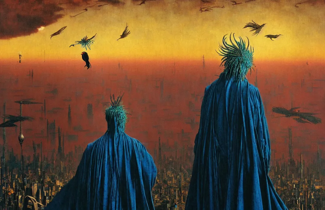 Image similar to realistic detailed portrait movie shot of a birdman wearing dark ragged robes, futuristic city sunset landscape background by denis villeneuve, amano, yves tanguy, alphonse mucha, ernst haeckel, max ernst, wayne barlowe, masterpiece, rich moody colours, bird head, blue eyes, hyperdetailed