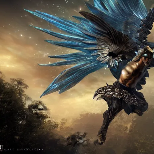 Image similar to hyperrealistic render of a winged male fantasy warrior flying through a magical world