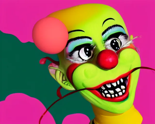 Prompt: mischief the clown, interface, umami, u m a m i, youtube series, digital illustration, flat - shaded, pink monster clown, red lips with yellow teeth, big red nose, large yellow eyebrows, pink spaghetti body