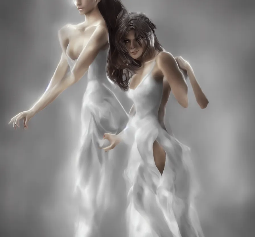 Image similar to mystic beautiful woman in white dress on dark background, drawn by vetarmora, detailed body, human proportions, instagram, unreal engine 5, wallpaper, 8 k, ultra detailed, realistic photo, artstation