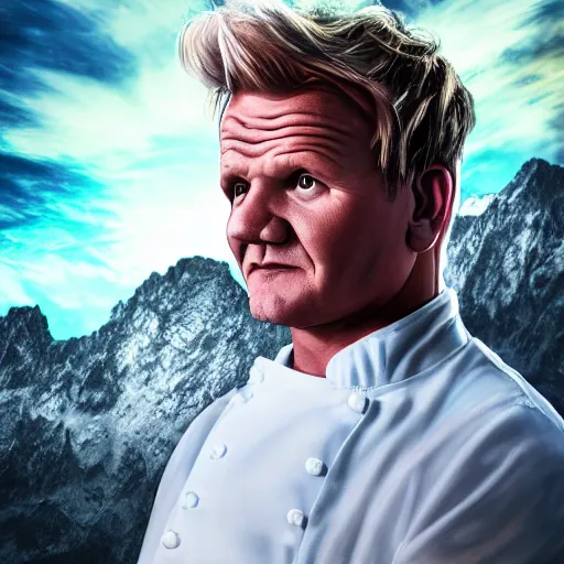 Prompt: photorealistic gordon ramsay standing atop mount olympus. hyperdetailed photorealism, 1 0 8 megapixels, amazing depth, high resolution, 3 d shading, 3 d finalrender, 3 d cinematic lighting, glowing rich colors, psychedelic overtones, artstation concept art.