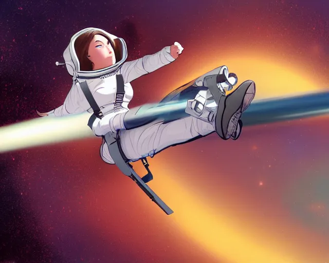 Image similar to young woman flying in space sharp focus, illustration, highly detailed, concept art, matte, trending on artstation, anime, art by tim biskup