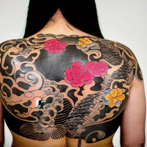 Image similar to photography of the back of a woman with a black detailed irezumi tatto representing a gold tiger with pink flowers on her entire back, dark hangar background, mid-shot, editorial photography