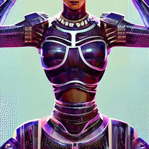 Image similar to full body portrait of the thicc Egyptian Android Pharaoh Queen, by DC comics and Sandra Chevrier and beeple, artstation, volumetric lighting, hyperrealism, hyper detailed futuristic royalty, strong and muscular, award winning costume design, cybernetic bionic ancient cyborg, fashion show runway, futuristic fine textures, woven with electricity, high fashion superpowers, dust particles, mystic haze, greg rutkowski, Tooth Wu, 4k UHD, 35mm