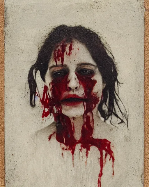 Prompt: an instant photo of a beautiful but sinister ghost in layers of fear, with violence in his eyes, 1 9 7 0 s, seventies, woodlands, delicate embellishments, a little blood, crimson, painterly, offset printing technique, mary jane ansell