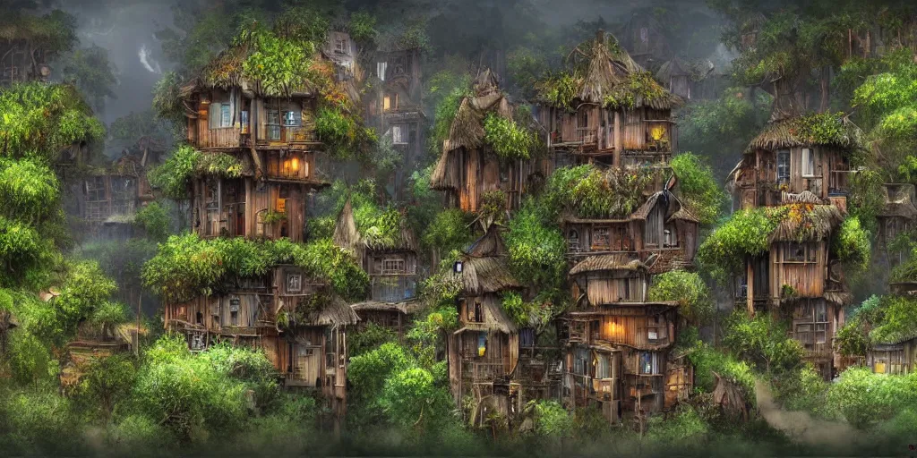 Prompt: long and tall fractal houses, village, jungle, artstation, digital art