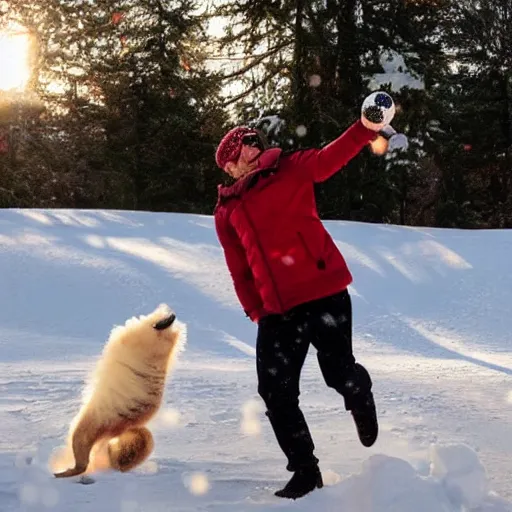 Image similar to a person throwing a snowball that looks like a pomeranian