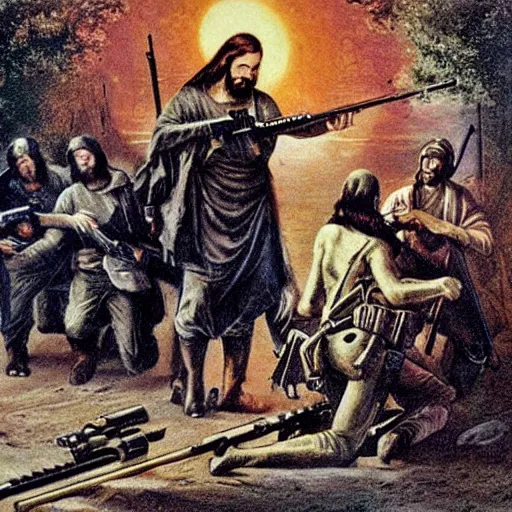 Prompt: jesus with m 1 6 rifle gun killing demons