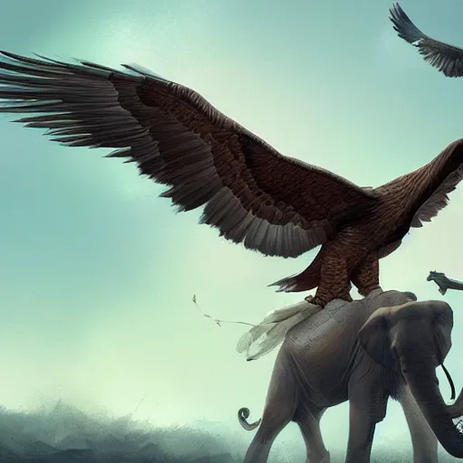 Prompt: an eagle carrying a wounded elephant, concept art, painterly, artstation