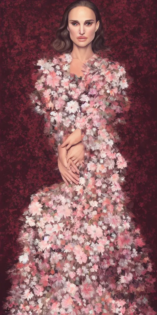Prompt: Natalie Portman, wearing a long floral dress, very detailed portrait, ultrarealistic, dramatic lighting, electrical details, high details, 4k, 8k, best, accurate, trending on artstation, fur, artstation, photorealism, ultrarealistic, digital painting, style of Dali, Caravaggio, Boris Vallejo