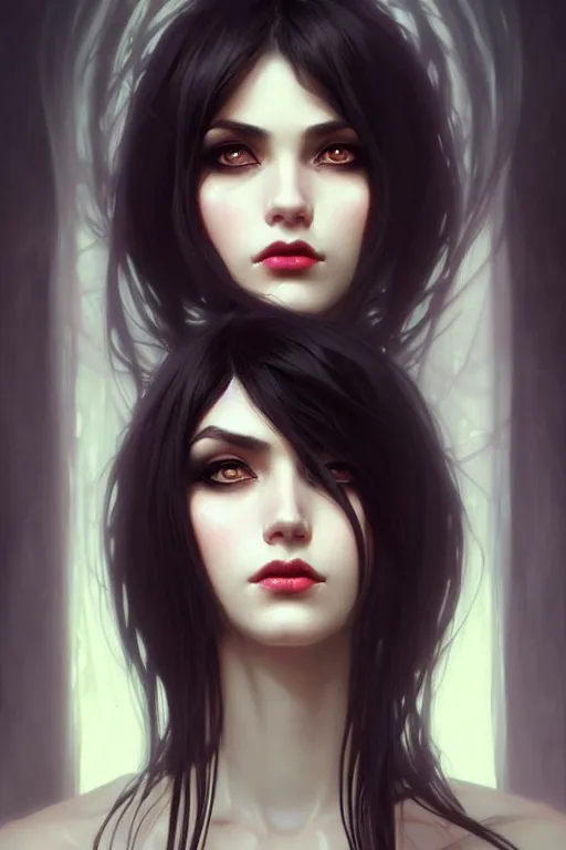 Image similar to a beautiful dark hair girl with black makeup in the eyes, fantasy, portrait, sharp focus, intricate, elegant, digital painting, artstation, matte, highly detailed, concept art, illustration, ambient lighting, dark background art by ilya kuvshinov, artgerm, Alphonse Mucha, and Greg Rutkowski