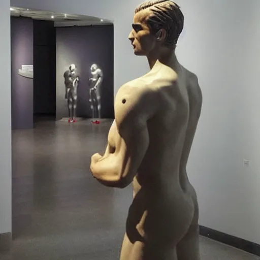 Image similar to “ a realistic detailed photo of a guy who is an attractive humanoid who is half robot and half humanoid, who is a male android, soccer player antoine griezmann, shiny skin, posing like a statue, blank stare, at the museum, on display ”