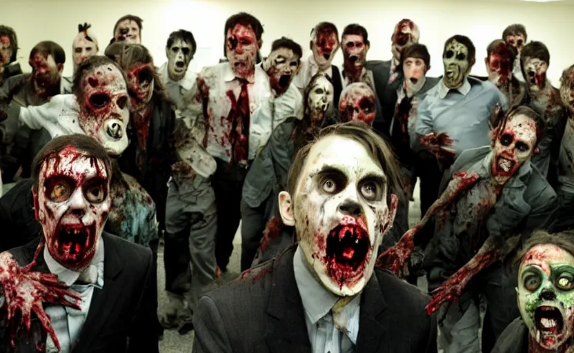 Image similar to a zombie invasion of a corporate office, horror flick