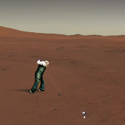 Image similar to nasa photograph of an astronaut playing golf on a lush green golf course on mars, photorealistic, 4 k