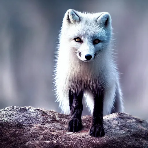 Image similar to a beautiful photo of an arctic fox on mountain hyper realistic natural light concept art cozy atmospheric and cinematic lighting