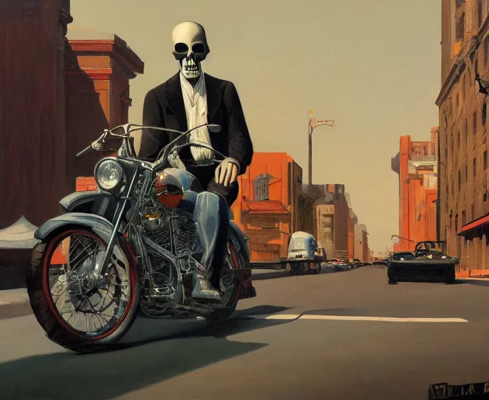 Image similar to a very detailed painting of a man wearing a suit, his head is a skull, riding a motorbike down a street, harley davidson motorbike, worm's - eye view, very fine brush strokes, very aesthetic, very futuristic, in the style of edward hopper and grant wood and syd mead, 4 k,