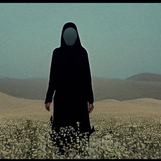 Prompt: The full body shot of beautiful pale woman with white flowers and full-face golden mask inside a thick black smoke in rocky desert landscape, glowing eyes everywhere, dey earth by Gaspar Noe and Christopher Doyle, anamorphic lens, anamorphic lens flares, kodakchrome, cinematic composition, practical effects, award winning photo, 8k