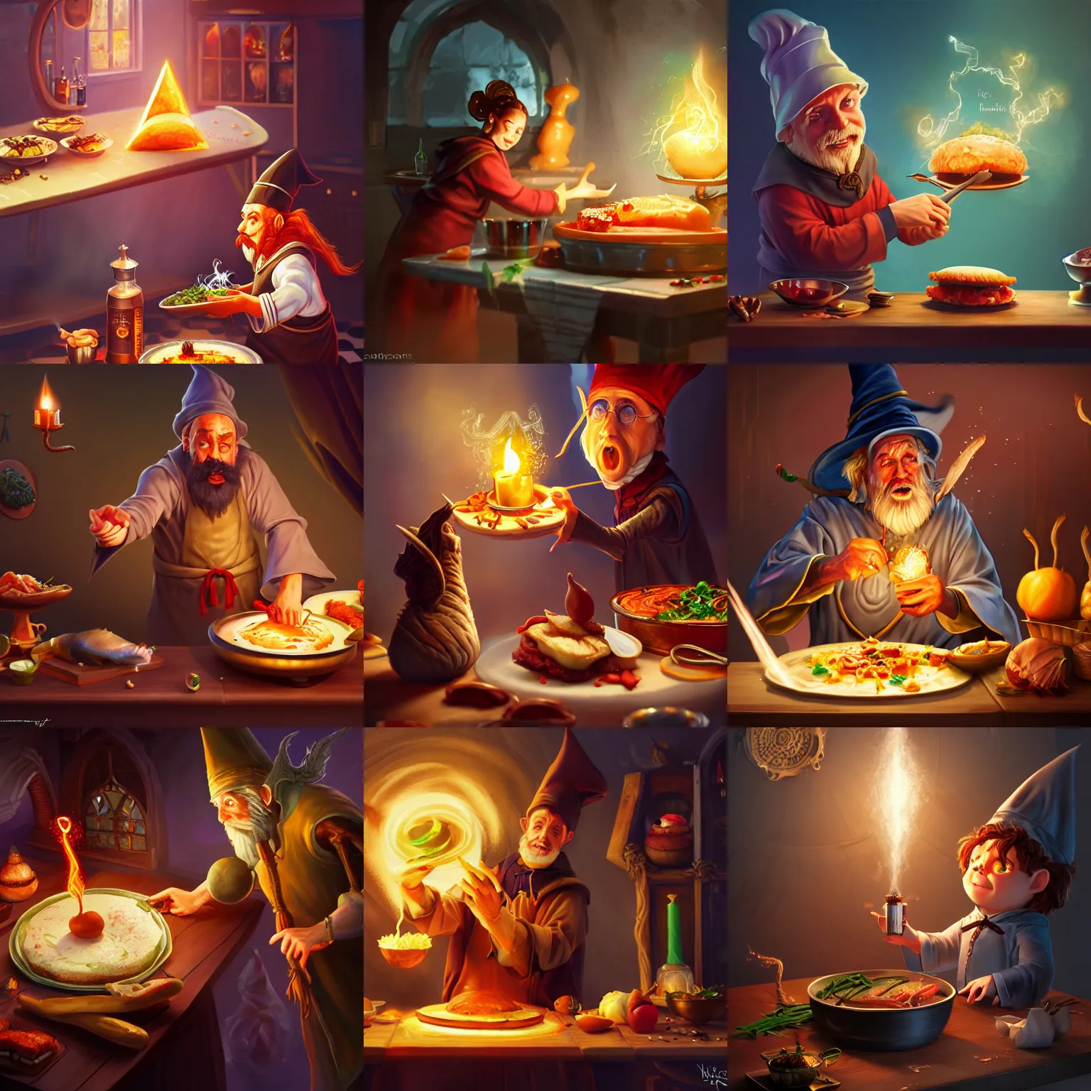 Prompt: a wizard casts a culinary magic spell, fantasy, detailed, 4 k, artstation