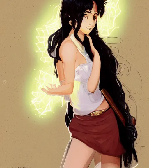 Image similar to character design of anthy himemiya as a college student with black hair, glowing brown skin, delicate features, bollywood starlet, fantasy, small mouth, quiet beauty, intricate, elegant, dress shirt, highly detailed, digital painting, artstation, concept art, smooth, sharp focus, illustration, art by Krenz Cushart and Artem Demura and alphonse mucha