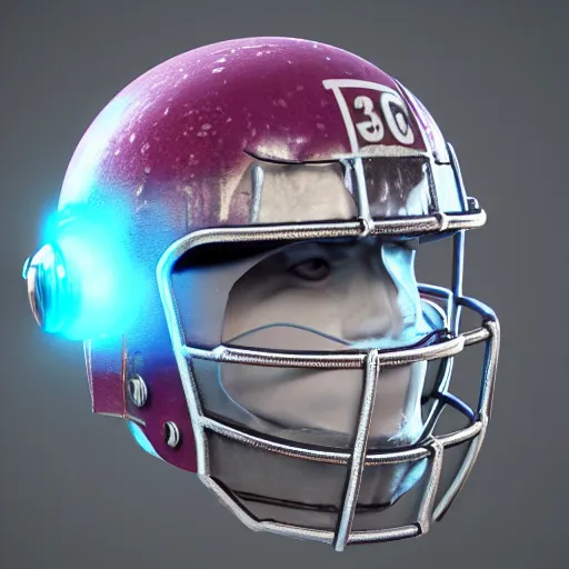 Prompt: american football helmet made of ice and stalactites, nebula visor, barbed wire mouthguard, retrowave, cyberpunk, 3 d render