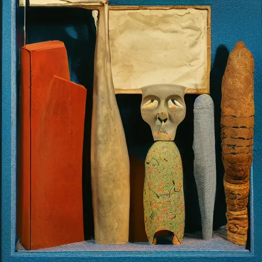 Image similar to A three color offset photography of single surrealist object on display, anthropology of wonder, ((surrealism)), exotic artifacts, colonial expedition, exhibition, 60s style