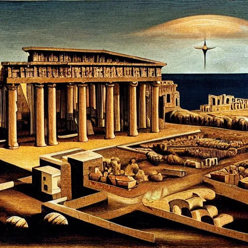 Prompt: A artwork of Acropolis at the end of the world by de Chirico.
