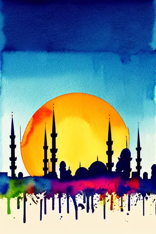 Image similar to minimalist watercolor art of istanbul skyline at sunset, illustration, vector art