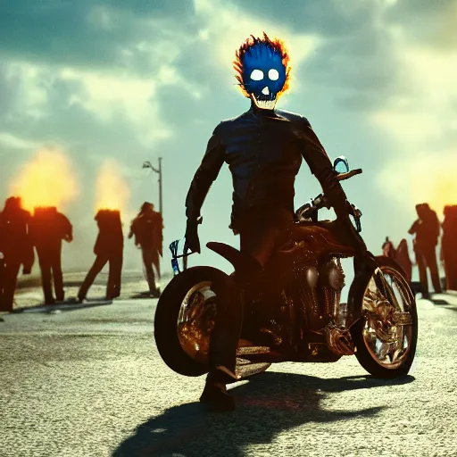 Prompt: ghost rider stands on the street in a crowd of people, nervous face, 4 k, detailed, highly detailed, cinematic, octane render, front light