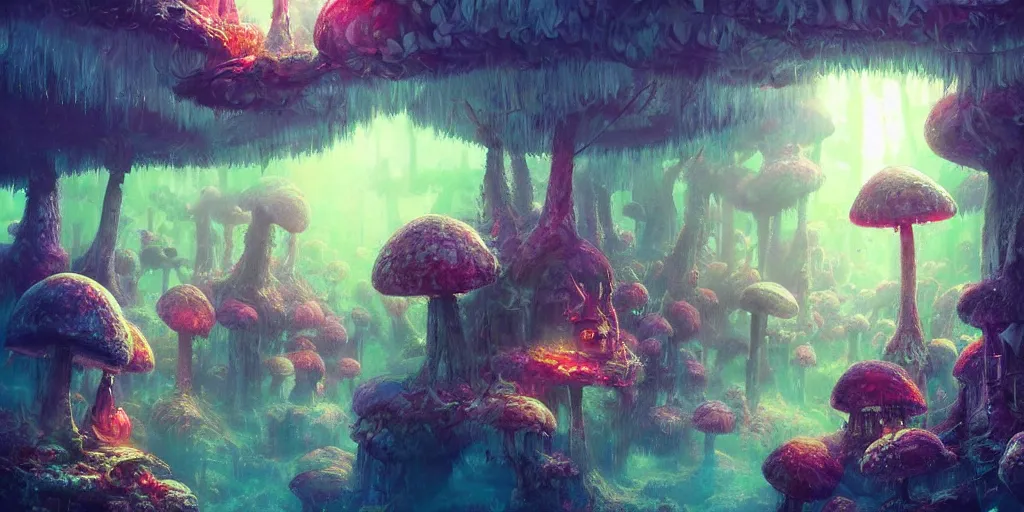 Image similar to ”cute furry creatures living in giant mushroom houses in a mysterious fantasy forest, [bioluminescense, rope bridges, art by wlop and paul lehr, cinematic, colorful]”