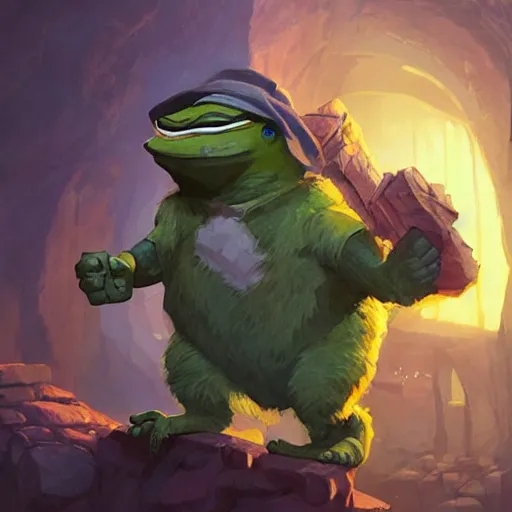 Image similar to super rich pepe the miner, greg rutkowski