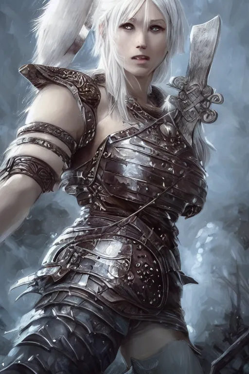 Image similar to A realistic anime portrait of a beautiful white haired female barbarian wearing an intricate viking armor, digital painting, by Stanley Artgerm Lau, Sakimichan, WLOP and Rossdraws, digital painting, painterly, Pixiv, Deviantart, golden ratio, rule of thirds, good composition, HD, 8k, award winning, promo art, splash art, rpg, jrpg, dungeons and dragons, DND, trending on ArtStation