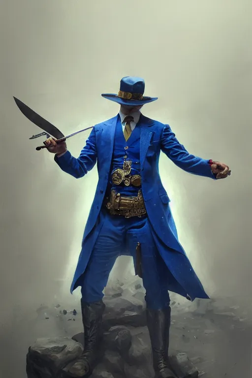 Image similar to a man in a blue suit with medals on it holding a sword in one hand and a pistol in the other hand, highly detailed, d & d, fantasy digital painting, trending on artstation, concept art, sharp focus, illustration, global illumination, ray tracing, realistic shaded, ruan jia, randy vargas, greg rutkowski